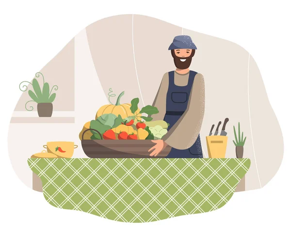 キッチンで新鮮なおいしい野菜のバスケットで肯定的な男を笑顔 健康な農場の野菜から調理 冬のための凍結 菜食主義 健康的な食事 ベクトル — ストックベクタ