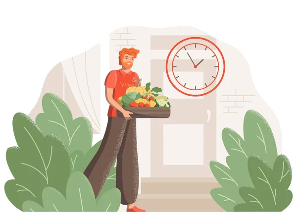 新鮮な野菜の箱と家のドアで若いアクティブな男 あなたの家にファーストフードの配達 新鮮な農場の野菜の店 健康的な菜食主義者の食べ物の概念 ベクターイラスト — ストックベクタ