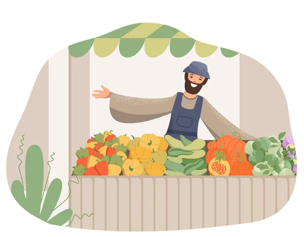 Homme Heureux Marché Vend Des Légumes Frais Bonne Récolte Commercialisation — Image vectorielle