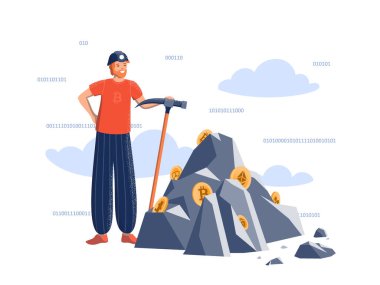Elinde kripto paralarla dağın yakınlarında madenci kaskında kazmalı bir adam var. Kripto para birimleri, döviz kurları, madencilik çiftlikleri, finans, engelleme zinciri, şifreli para hesapları. Vektör.