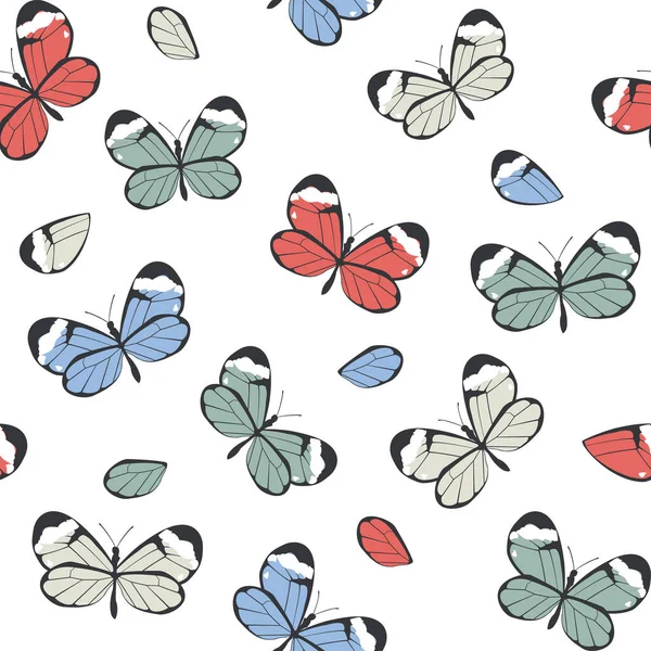 Red Blue Green White Butterflies Seamless Texture White Background Drawing — Stock Vector