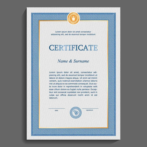 Limpo Certificado Gráfico Modelo Diploma Moldura Vertical Azul Dourada Fundo —  Vetores de Stock