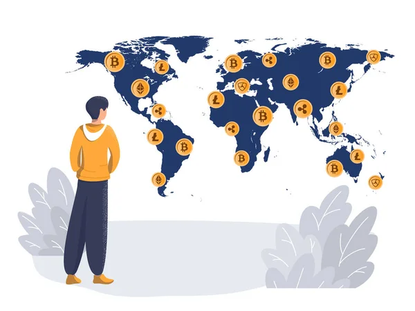 Homem Fundo Mapa Mundial Com Moedas Criptografia Criptomoeda Conceito Mineração —  Vetores de Stock