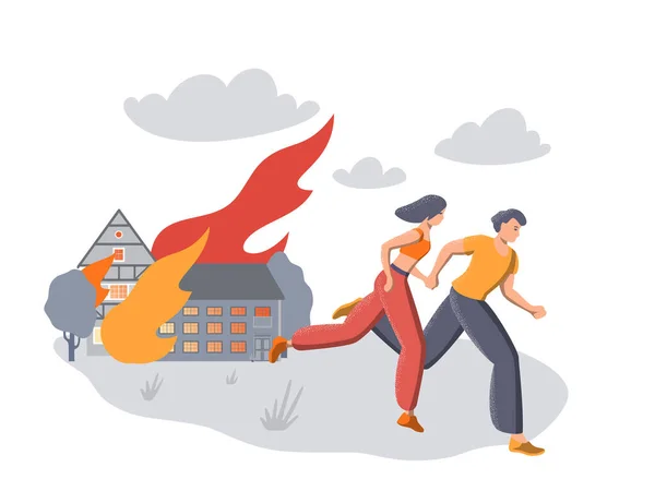 Illustration Von Menschen Die Vor Dem Hintergrund Von Waldbrand Feuer — Stockvektor