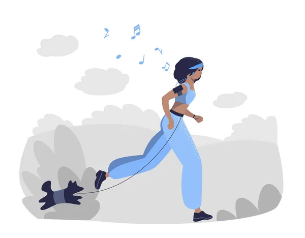 Negro Positivo Persona Corriendo Con Perro Fondo Naturaleza Ropa Cómoda — Vector de stock