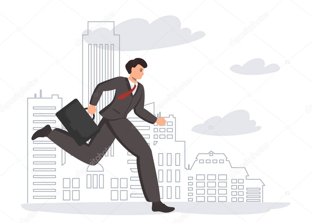 A man - a businessman in a business suit with a briefcase runs quickly against the backdrop of office city buildings. Fast pace of life, tardiness, business, work and study, vacancies. Flat vector.