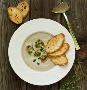 Şampiyonlardan mantar kremalı çorba. Seçici odak