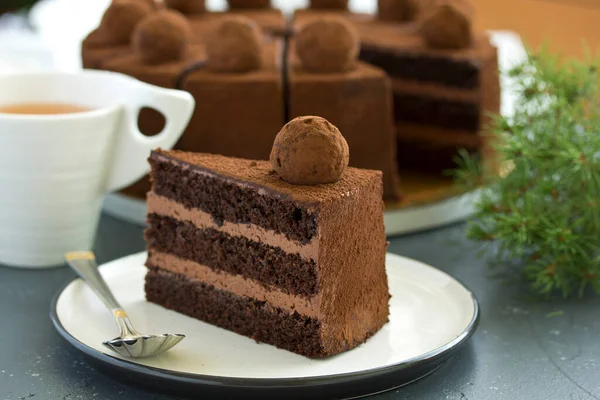 Chocolate cake. A slice of chocolate cake. Selective focus