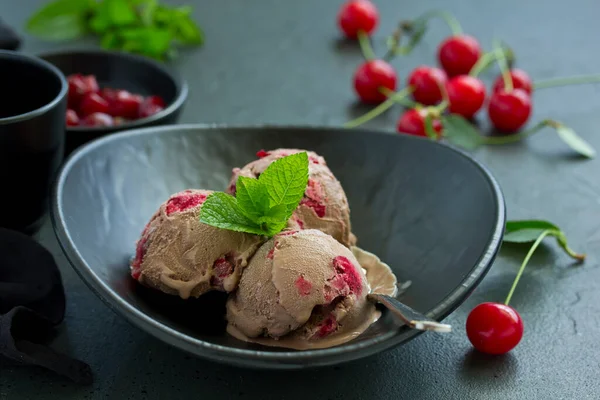 Chocolate Ice Cream Cherry Selective Focus — Stock Photo, Image