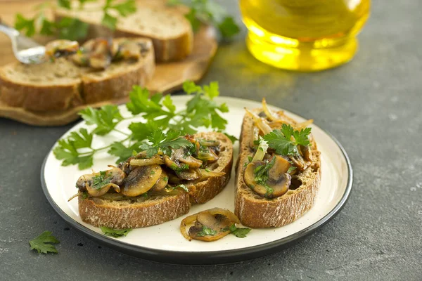 Bruschetta Fried Mushrooms Onions Parsley — Stock Photo, Image