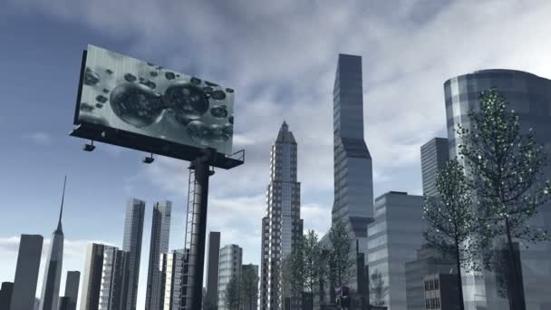 Skyline of a futuristic city with a video screen — Stock Video