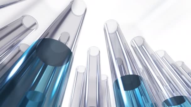 Animated glass laboratory test tubes from below — Stock Video