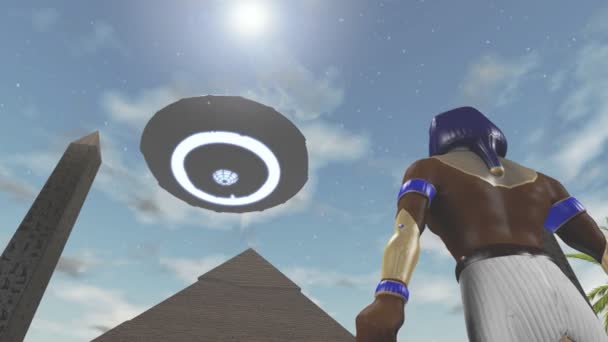 Animering av den egyptiska guden horus och ett ufo — Stockvideo