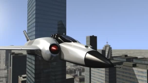 Navire spatial futuriste volant vers l'extérieur d'un paysage urbain 
