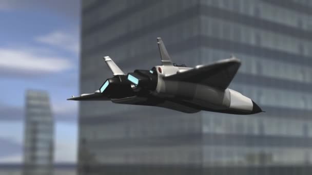 Futuristic spaceship flying in a cityscape — Stock Video