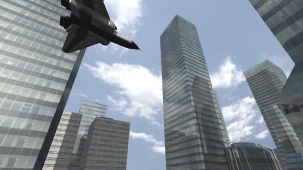 未来太空飞船在一个 3d 的城市上空飞翔 — 图库视频影像