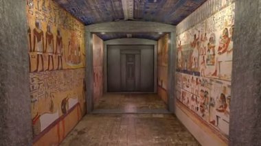 Antik Mısır mezarında bir 3d animasyon. bir kapının arkasında bir yeşil ekran