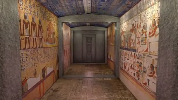Une animation 3D d'un tombeau dans l'Egypte ancienne. Un écran vert derrière une porte 