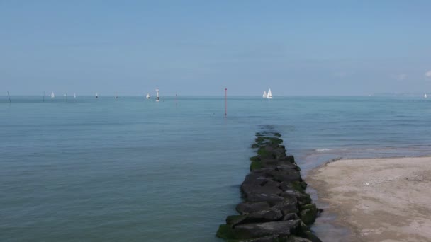 Pier och båtar på kusten av Trouville — Stockvideo