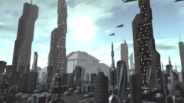Cidade futurista com naves espaciais passando por — Vídeo de Stock