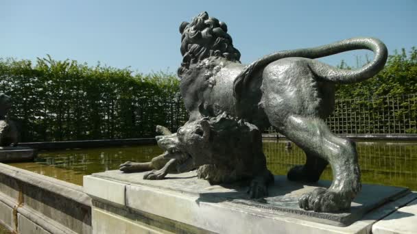 Étang avec une sculpture de lion et de loup — Video