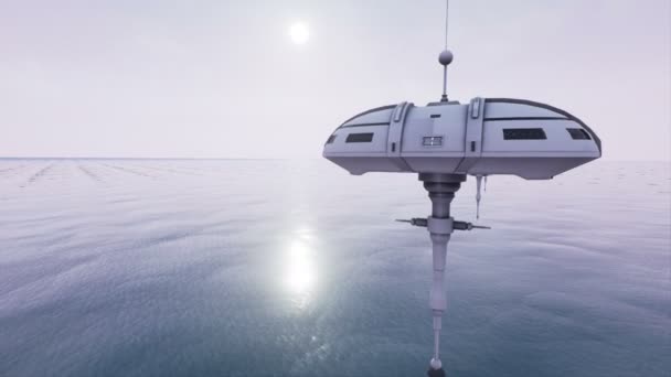 Animatie van futuristische sci fi stations hoovering boven Oceaan 4k — Stockvideo