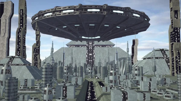 未来的なピラミッド都市上空を飛んでいる Ufo — ストック写真
