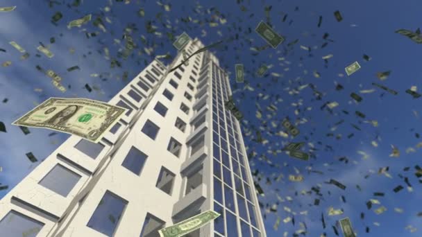Dollargeld fällt aus animierten Gebäuden — Stockvideo