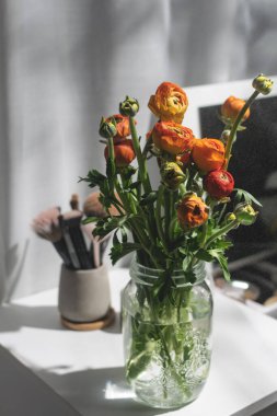 Güzel bahar portakalı çiçekleri. Biraz su damlaları var. Güneş ışığı ve sert gölgeler.