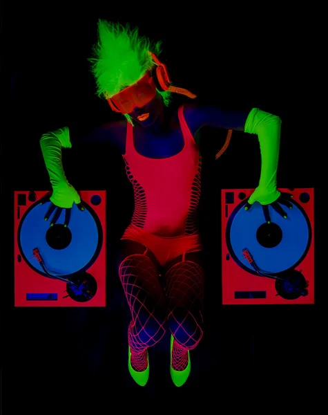 Sexy neon uv brilho DJ — Fotografia de Stock