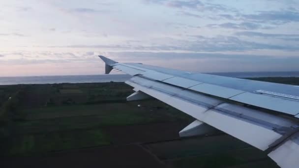 Timelapse πλάνα της πτέρυγας του αεροπλάνου, όπως το αεροπλάνο είναι έτοιμο να προσγειωθεί κινείται προς τα εμπρός και πίσω — Αρχείο Βίντεο