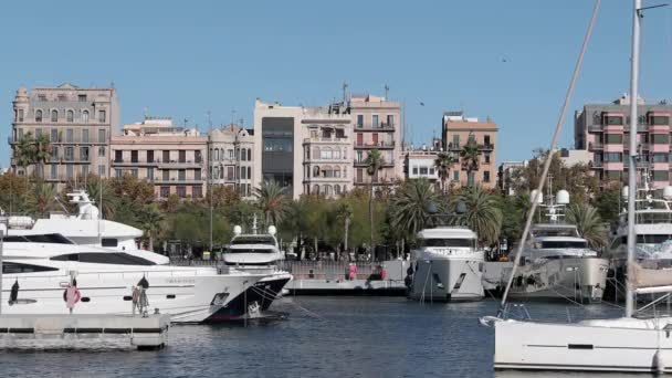 Роскошные яхты в гавани порта Велл, Барселона, Испания — стоковое видео