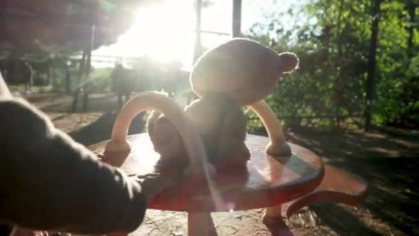 Enfant jouant avec l'ours en peluche dans le parc de jeu — Video