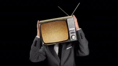 Kafasında TV olan takım elbiseli bir adam.