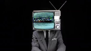 Kafasında TV olan bir adam ekranda arıza ve düzensizlik gösteriyor. 