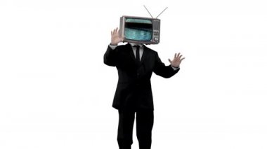 Kafasında televizyon olan bir iş adamı.