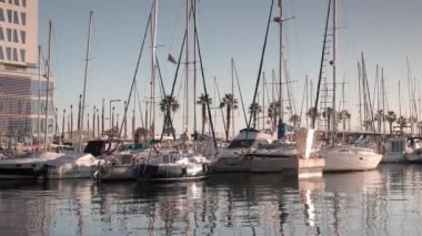 Badalona, İspanya limanına demirlemiş tekneler