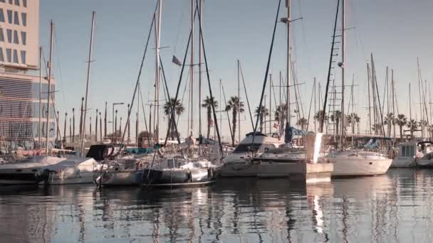 Bateaux amarrés dans le port de badalona, espagne — Video