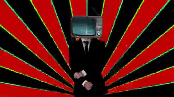 Hombre bailando, vistiendo traje con TV en la cabeza — Vídeo de stock