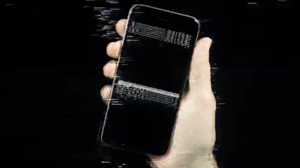 画面上のデータとグリッチで携帯電話を保持している人のビデオ — ストック動画