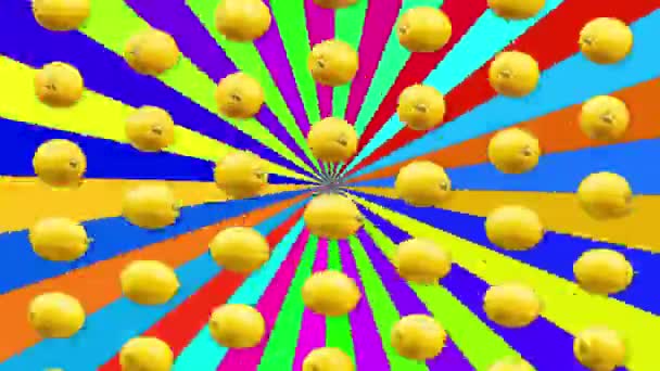 Citroner i rad mot psykedelisk bakgrund — Stockvideo