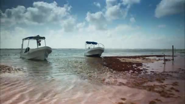 멕시코에 있는, 바다에 떠 있는 사랑 스러운 목재 배들 — 비디오
