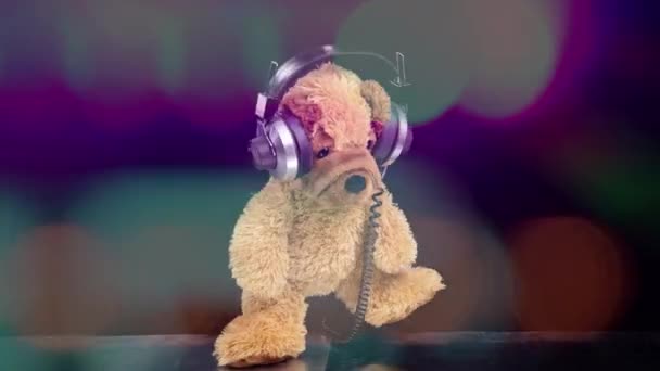 Teddy pes pohybující se kolem se sluchátky — Stock video