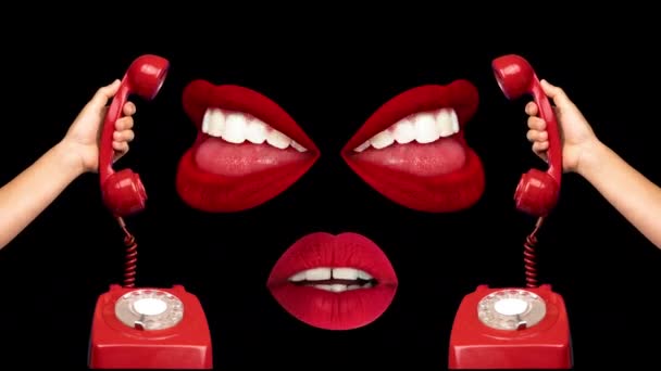 Губи говорять на ретро червоному телефоні — стокове відео