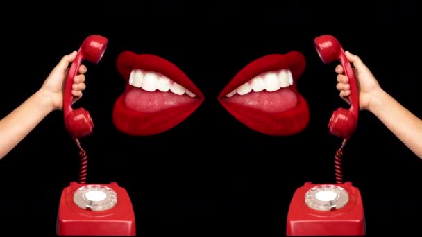 Губы говорят по ретро-красному телефону — стоковое видео