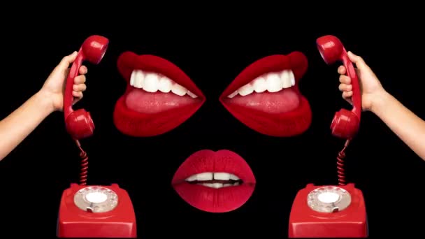 Lips talking on retro red telephone — Stock Video