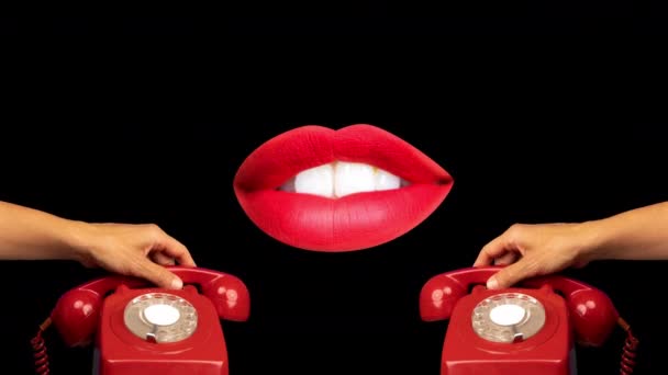 Lábios falando no telefone vermelho retro — Vídeo de Stock