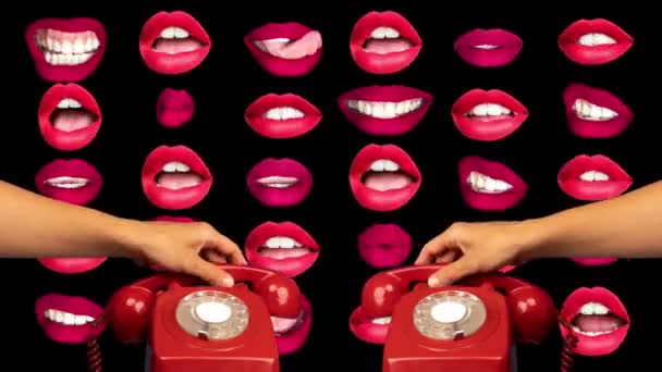 在复古的红色电话上说话的唇 — 图库视频影像