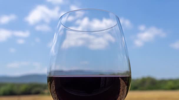 Bicchiere di vino rosso contro il cielo blu — Video Stock