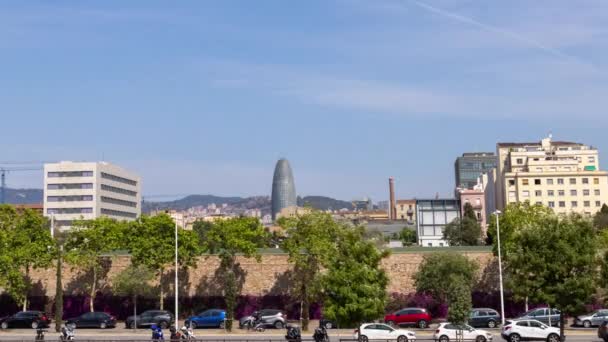 Muur met barcelona skyline achter — Stockvideo